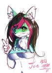  1girl artist_request black_hair breasts dog female furry green_eyes multicolored_hair redhead sketch solo white_background 