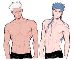  2boys abs archer blue_hair closed_eyes cowboy_shot dark_skin fate/zero fate_(series) lancer long_hair male_focus multiple_boys muscle pecs red_eyes sennin_(inoinox) shirtless simple_background white_background white_hair 