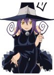  1girl bare_shoulders blair breasts female hat large_breasts looking_at_viewer purple_hair solo soul_eater thigh-highs witch_hat yellow_eyes 