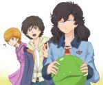  1boy 2girls ? anger_vein audrey_burne banagher_links damaged dress gacha-m green_eyes gundam gundam_unicorn haro jacket jewelry long_hair micott_bartsch mineva_lao_zabi multiple_girls necklace orange_hair short_hair sweat wavy_hair 