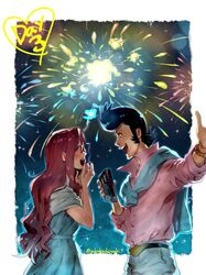  1boy 1girl alternate_hairstyle dandy_(space_dandy) dvd fireworks glasses hetero open_mouth pompadour redhead samba-temperado scarlet_(space_dandy) space_dandy 