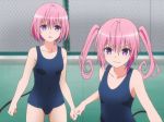  2girls bangs blue_swimsuit blurry breasts chain-link_fence clenched_hand clenched_hands covered_navel cowboy_shot curly_hair demon_tail depth_of_field fence hair_between_eyes long_hair looking_at_viewer momo_velia_deviluke multiple_girls nana_asta_deviluke nervous one-piece_swimsuit parted_lips pink_hair school_swimsuit screencap scrunchie short_hair siblings sidelocks sisters small_breasts sweatdrop swimsuit tail tile_floor tiles to_love-ru to_love-ru_darkness twins twintails upper_body violet_eyes wavy_mouth 