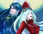  2girls bayonetta bayonetta_(character) bayonetta_2 earrings glasses goggles goggles_on_head jeanne_(bayonetta) jewelry lipstick long_hair makeup mole multiple_girls nasu_(roda_de_estrela) pendant short_hair silver_hair 