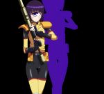  1girl blue_eyes cyclops gun highres manako monster_girl monster_musume_no_iru_nichijou one-eyed purple_hair rifle short_hair solo standing stitched weapon 