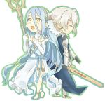 1boy 1girl aqua_(fire_emblem_if) artist_request blue_hair breasts chibi closed_eyes cousins female fire_emblem fire_emblem_if long_hair my_unit_(fire_emblem_if) nintendo open_mouth panties pointy_ears smile sword underwear weapon white_hair yellow_eyes 