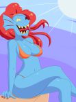  1girl bikini blue_skin blush breasts cleavage eyepatch jcdr laughing monster_girl nail_polish no_nose ponytail swimsuit undertale undyne 