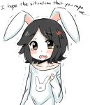  1boy 4chan androgynous animal_ears black_hair blush blush_stickers brown_eyes collarbone drawfag engrish hair_ornament hairpin nishimura_hiroyuki_(4chan) open_mouth rabbit_ears ranguage short_hair simple_background sleeves_past_wrists solo sweater tears trembling wavy_mouth white_background 