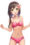  1girl :d bang_dream! bangs bare_arms bare_shoulders bikini black_hair blue_flower breasts collarbone commentary_request cowboy_shot eyebrows_visible_through_hair flower green_eyes hair_flower hair_ornament hairband hanazono_tae long_hair looking_at_viewer lunacle medium_breasts multicolored_hair navel open_mouth orange_flower pink_bikini pink_hairband purple_hair simple_background smile solo swimsuit two-tone_hair white_background 