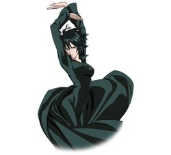  1girl black_hair fubuki_(one-punch_man) jojo_pose official_art one-punch_man pose short_hair simple_background solo 