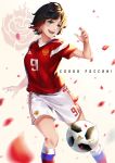  1girl 2018_fifa_world_cup adidas ball blush breasts cyrillic dated gradient grey_eyes highres jersey lulu-chan92 multicolored_hair open_mouth petals rose_petals ruby_rose russia rwby short_hair signature simple_background smile soccer soccer_ball soccer_uniform solo sportswear telstar_18 two-tone_hair world_cup 