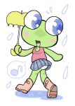  1girl artist_request blue_eyes boots female frog full_body furry open_mouth outdoors panties pantyshot rain skirt solo umbrella underwear white_background 
