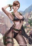  1girl armpits banned_artist bikini breasts brown_hair explosive female grenade gun knife metal_gear_(series) metal_gear_solid_v muscle navel outdoors pantyhose quiet_(metal_gear) solo standing stomach strap swimsuit torn_pantyhose weapon zumi_(zumidraws) 
