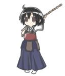  1girl armor black_hair bougu hakama japanese_clothes medisuke original shinai simple_background solo sword weapon 