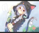  &gt;_&lt; 1girl blush braids closed_eyes flower headphones hood hoodie hydrangea liana_(mishima_kurone) long_hair mishima_kurone original rain red_eyes sky solo tail teruterubouzu white_hair 