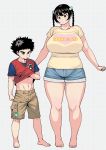  1boy 1girl braid breasts casual highres huge_breasts original plump short_shorts shorts size_difference synecdoche thick_thighs wide_hips 