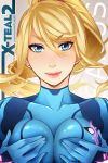  1girl blonde_hair blue_eyes breast_grab grabbing looking_at_viewer metroid mole mole_under_mouth nintendo ponytail samus_aran smile solo upper_body x-teal2 zero_suit 