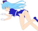  1girl 90s absurdres aqua_hair black_background blue_shoes breasts dress female hat highres hips legs legs_crossed long_hair no_panties photoshop shoes short_dress side_slit simple_background smile solo stewardess tenjouin_katsura thighs vector_trace violet_eyes yat_anshin_uchuu_ryokou 