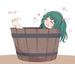  1girl barefoot blush bucket closed_eyes green_hair hair_bobbles hair_ornament heart kisume mickeysmith saliva simple_background solo touhou twintails wavy_mouth 