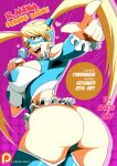  1girl ass blonde_hair cyberunique domino_mask mask microphone pointing rainbow_mika smile solo street_fighter twintails wedgie wrestling_outfit 