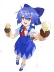 1girl :d arms_up backpack bag bangs blue_backpack blue_bow blue_dress blue_eyes blue_footwear blue_hair blurry blush bow chocolate_chip cirno collared_shirt commentary_request depth_of_field double_scoop dress food full_body hair_between_eyes hair_bow highres ice_cream ice_cream_cone kerchief looking_at_viewer offering open_mouth pikumin puffy_short_sleeves puffy_sleeves red_kerchief red_neckwear round_teeth shirt short_hair short_sleeves smile socks solo standing teeth touhou white_legwear white_shirt wing_collar 