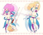  2girls arche_klein blonde_hair blush bracelet breasts broom cleavage cosplay elbow_gloves gloves heart jewelry long_hair midriff mint_adenade multiple_girls navel open_mouth pink_eyes pink_hair ponytail rondorine_e._effenberg scarf shoes shorts staff tales_of_(series) tales_of_phantasia tales_of_phantasia:_narikiri_dungeon_x thigh-highs violet_eyes weapon 