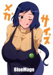  1girl aoi_manabu apron arms_behind_back blue_hair blush breasts curvy green_eyes gundam gundam_build_fighters highres huge_breasts iori_rinko legs long_hair looking_at_viewer milf naughty_face ponytail simple_background smile solo standing sweater thighs turtleneck turtleneck_sweater wink 