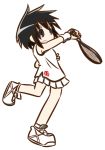  1girl :o black_eyes black_hair medisuke original skirt tennis_racket tennis_uniform 