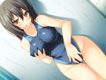  1girl black_hair blush breast_grab breasts competition_swimsuit game_cg grabbing houou_minagi large_breasts long_hair one-piece_swimsuit saiin_security_seicom self_fondle softhouse-seal suterii swimsuit tagme thigh_gap thighs wet yellow_eyes 