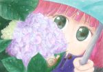  1girl alternate_eye_color bangs blunt_bangs coat eyelashes face flower green_eyes holding holding_umbrella hydrangea leaf midoriwanai outdoors pink_hair rain raincoat snail solo umbrella yoshikawa_chinatsu yuru_yuri 