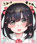  1girl bangs blue_eyes blush character_request child collarbone dancho_(dancyo) gradient gradient_background hair_between_eyes hair_ribbon heart heart-shaped_pupils open_mouth red_ribbon ribbon short_twintails solo symbol-shaped_pupils twintails 