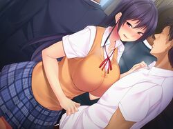  1girl blush breast_press breasts dutch_angle embarrassed game_cg highres huge_breasts legs long_hair ore_no_nioi_wa_hatsujou_switch purple_hair red_eyes school_uniform skirt standing thighs tomohiro_kai train train_interior 