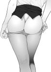  1girl ass contrapposto crotch_seam from_behind greyscale kneepits monochrome nail_polish original panties pantyhose pantyhose_pull simple_background skirt solo taut_clothes thong tyno underwear undressing white_background 