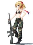  1girl bare_shoulders belt black_boots black_bra blonde_hair blue_eyes blush boots bra camouflage closed_mouth collarbone expressionless female gun hand_on_hip holding holding_gun holding_weapon jewelry midriff navel necklace original pendant ponytail shadow simple_background solo taiyou underwear weapon white_background 