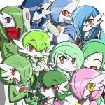  1boy 6+girls bespectacled blue_eyes blue_hair blush breasts cleavage closed_eyes furry gallade gardevoir glasses green_hair huge_breasts long_hair lucy_(jcdr) multiple_girls nintendo open_mouth orange_eyes pink_hair pokemon rakkuguy red_eyes short_hair smile violet_eyes yellow_eyes 