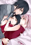  1boy 2girls bed black_hair eye_contact facial_mark family forehead_mark glasses group_hug haruno_sakura hug husband_and_wife looking_at_another lying multiple_girls naruto naruto_gaiden on_side pink_hair satoru0612 sleeping uchiha_sarada uchiha_sasuke 