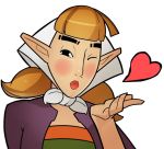  1girl blown_kiss blush brown_hair lips looking_at_viewer one_eye_closed peatrice pointy_ears puckered_lips short_twintails simple_background solo the_legend_of_zelda the_legend_of_zelda:_skyward_sword twintails wink 