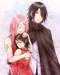  1boy 2girls arm_around_shoulder artist_request black_hair facial_mark family forehead_mark haruno_sakura hug multiple_girls naruto naruto_gaiden pink_hair smile uchiha_sarada uchiha_sasuke 