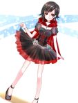  1girl belt black_hair cape choker cloak corset cross dress frilled_dress frills grey_eyes hood hooded_cloak lolita_fashion moromoimaru red_cape ruby_rose rwby short_hair skirt 