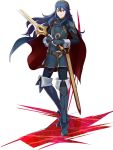  1girl blue_eyes blue_hair breasts cape closed_mouth female fingerless_gloves fire_emblem fire_emblem:_kakusei full_body gloves hair_between_eyes hairband holding holding_sword holding_weapon long_hair lucina nintendo official_art project_x_zone_2 smile standing sword weapon 