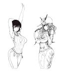  2girls armpits arms_behind_head arms_up bare_shoulders breast_suppress breasts casual fubuki_(one-punch_man) large_breasts long_hair looking_at_viewer monochrome mosquito_girl multiple_girls one-punch_man one_eye_closed open_mouth short_hair standing tagme the_golden_smurf under_boob 