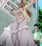  1boy 1girl breasts dark_skin dress highres horn huge_breasts kurusu_kimihito monster_girl monster_musume_no_iru_nichijou ogre red_eyes standing stitched tall tionishia vending_machine 