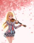  1girl blonde_hair blue_eyes long_hair miyazono_kawori necktie open_mouth school_uniform shigatsu_wa_kimi_no_uso simple_background skirt solo violin 