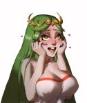  1girl blush breasts cleavage goddess green_eyes green_hair hands_to_face heart heart-shaped_pupils kid_icarus nail_polish open_mouth palutena simple_background solo symbol-shaped_pupils tiara triuni upper_body yandere 