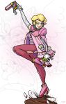  1girl bayonetta bayonetta_(cosplay) blonde_hair glasses gloves goomba gun high_heels lips princess_peach super_mario_bros. weapon 