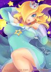  1girl blonde_hair breasts crown dress earrings female gradient gradient_background hair_over_one_eye jewelry large_breasts looking_at_viewer rosetta_(mario) solo space star_(sky) super_mario_bros. super_mario_galaxy sweet_stellar wand 
