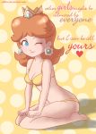  1girl blue_eyes breasts brown_hair cleavage earrings heart jewelry lips looking_at_viewer nintendo one_eye_closed princess_daisy r3dfive super_mario_bros. thick_thighs wink 