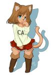 1girl animal_ears artist_request blue_eyes blush boots brown_boots brown_hair cat_ears cat_tail full_body fur furry hand_up looking_at_viewer miniskirt plaid plaid_skirt shadow shirt short_hair skirt solo standing tail thigh_boots tongue tongue_out 