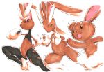  animal_ears buneary dual_persona jumping legs lopunny mega_lopunny mega_pokemon nintendo no_humans pokemon simple_background smile solo traditional_media 