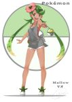  1girl absurdres dark_skin dress flower full_body green_eyes green_hair green_shoes hair_flower hair_ornament highres ladle looking_at_viewer mallow_(pokemon) open_mouth poke_ball pokeball_symbol pokemon pokemon_(game) pokemon_sm shoes shou_mai sleeveless sleeveless_dress solo twintails 