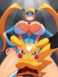  2girls :&lt; blonde_hair blue_eyes breasts cleavage clothed_pokemon cosplay_pikachu crossed_arms crossover eric_lowery grin hands_on_hips highres huge_breasts long_ears long_hair looking_at_viewer mask multiple_girls pikachu pokemon pokemon_(creature) pokemon_(game) pokken_tournament rainbow_mika smile solo street_fighter street_fighter_v tail twintails wrestling_outfit 